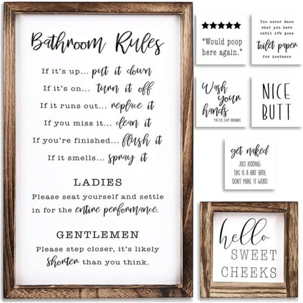 Farmhouse Bathroom Decor Set of 2 - Funny Interchangeable Wall Signs
